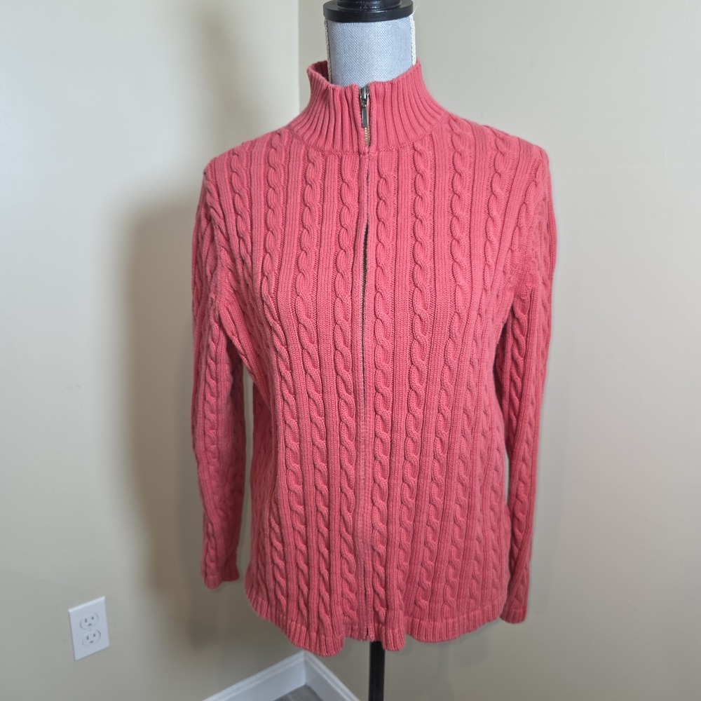 Vintage LL Bean Cardigan Womens 1X Pink Ton Full Zip Sweater Mock Neck Hong Kong